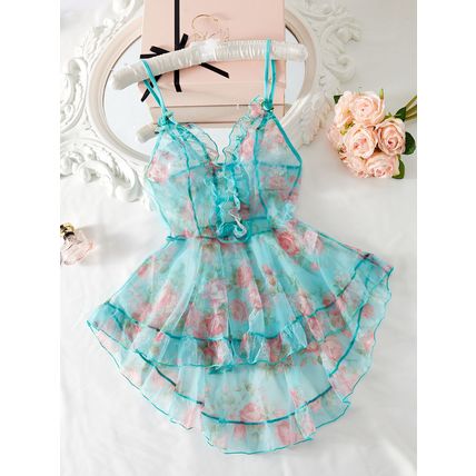 Women's Sexy Floral Lingerie V Neck Sheer Mesh See Through Chemise Slip Dress