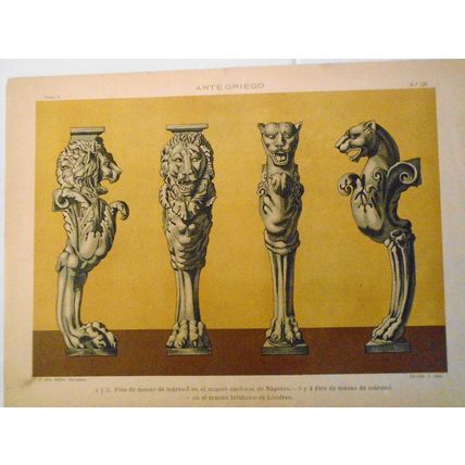 Arte Griego: Pies de mesas de marmol... lithograph ca 1890 by J Aleu, Barcelona