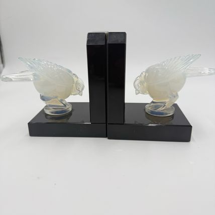 Sabino France Opalescent Art Glass Moineau Gourmand Sparrow Bookends Marble Base