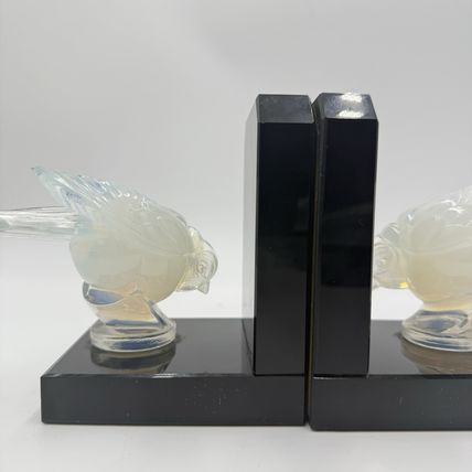 Sabino France Opalescent Art Glass Moineau Gourmand Sparrow Bookends Marble Base