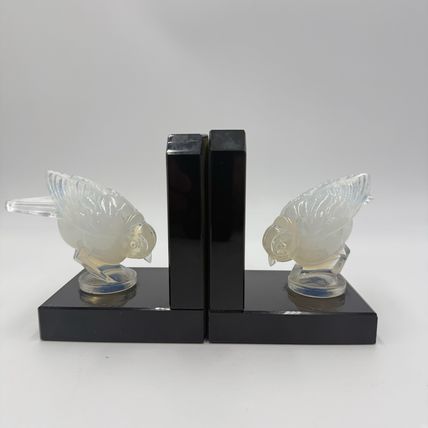 Sabino France Opalescent Art Glass Moineau Gourmand Sparrow Bookends Marble Base