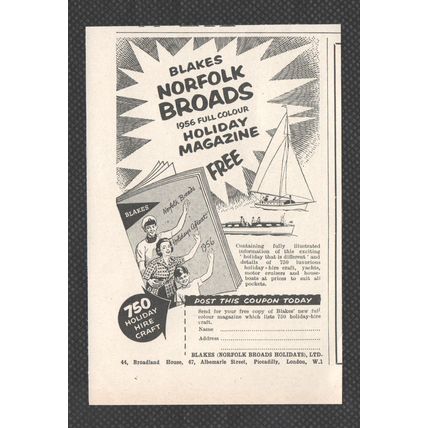 BLAKES NORFOLK BROADS HOLIDAYS LIMITED :- Original Vintage 1956 Advert POST FREE