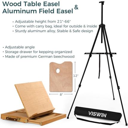 VISWIN All-In-One Art Painting Set with Aluminum & Beech Wood Easel, 96 Acrylic,