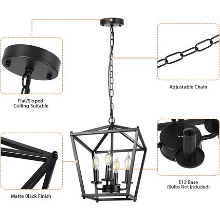 Unicozin Black Lantern Pendant Light, 4 Lights Farmhouse Chandelier Fixture with