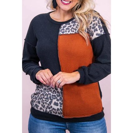 Black Orange Colorblock Leopard Patchwork Waffle Knit Plus Size Top
