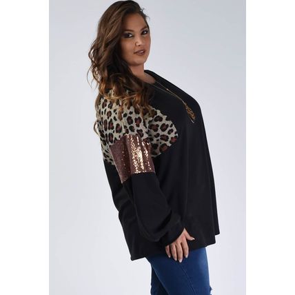 Black Leopard Sequin Patch Plus Size Long Sleeve Top