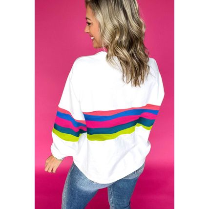 White Colorful Striped Accent Long Sleeve T Shirt