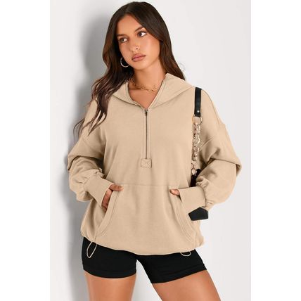 Parchment Solid Kangaroo Pocket Half Zipper Oversized Hoodie