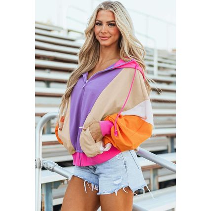 Grapefruit Orange Oversized Colorblock Patchwork Full Zipped Hoodie