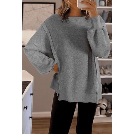 Gray Waffle knit Bishop Sleeve Split Oversized Top