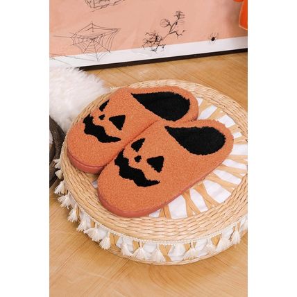 Orange Halloween Pumpkin Face Graphic Plush Slippers