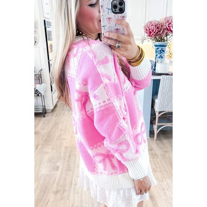 Pink Bow Knot Two Tone Checkered Crew Neck Sweater
