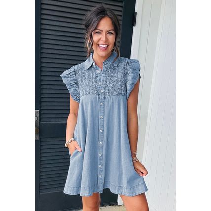 Beau Blue Flutter Sleeve Shirred Detail Button Up Denim Mini Dress