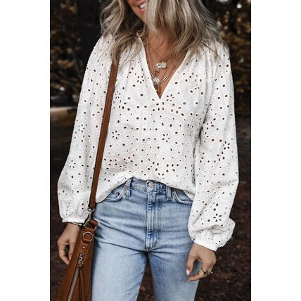 White Eyelet Embroidered Puff Sleeve V Neck Blouse