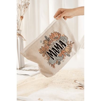 White MAMA Flower Print Corduroy Large Cosmetic Bag