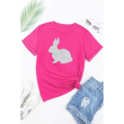 Rose Red Glitter Easter Bunny Graphic Crew Neck Tee
