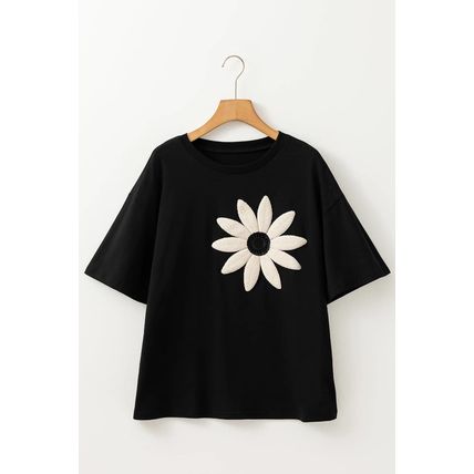 Black Contrast Crochet Floral Graphic Drop Shoulder Loose Tee