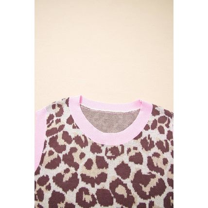 Brown Leopard Pattern Contrast Ribbed Trim Sweater Vest