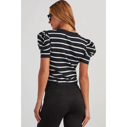 White Stripe Ribbed Trim Round Neck Bubble Sleeve Knitted Top