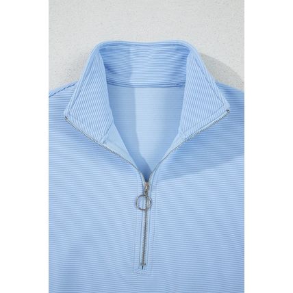 Beau Blue Ribbed Texture Half Zip Ruffled Short Sleeve Top and Shorts Set