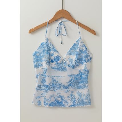 Sky Blue Random Printed Mesh Bow Detail Halterneck Tank Top
