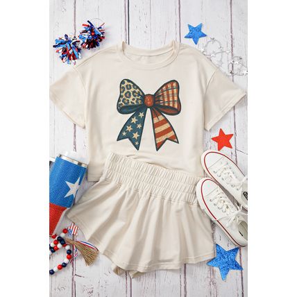 Beige Leopard Flag Day Bow Print Loose Tee High Waist Skort Set