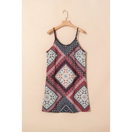 Red Geometric Paisley Print Sleeveless Shift Mini Dress
