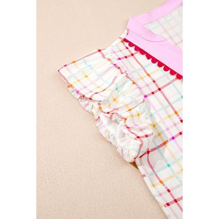 White Plaid Flutter Sleeve Colorblock Ric Rac Split V Neck Blouse