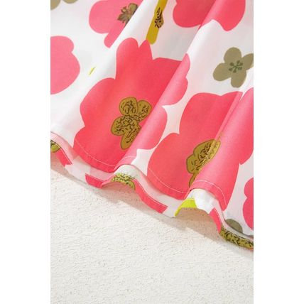 Pink Floral Ruffle Short Sleeve Striped Buttoned Collar Blouse