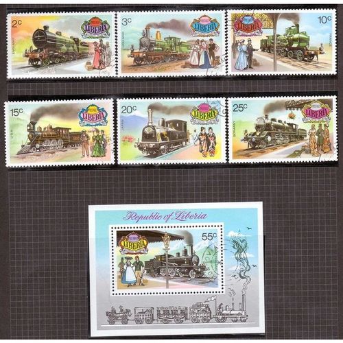 LIBERIA 1973 STEAM LOCOMOTIVES SET OF 6 & MINISHEET VERY FINE USED TRAINS