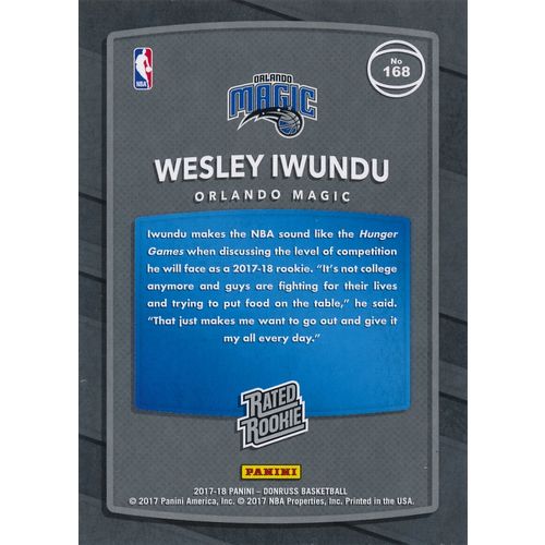 2017-18 Donruss Rated Rookie 168 Wesley Iwundu RC Orlando Magic