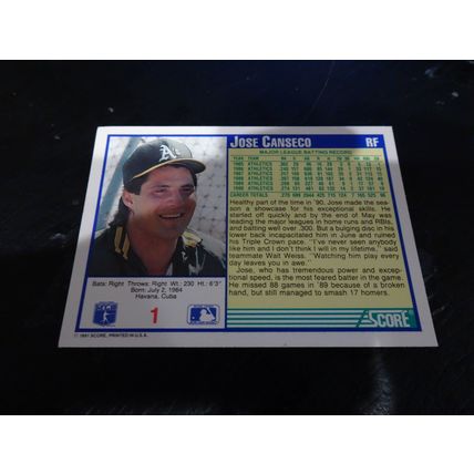 1991 Score Card # 001 Jose Canseco Very Good-Excellent (4) Oakland Athletics