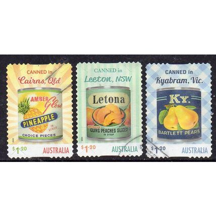 AUSTRALIA: 2024, NOSTALGIC TINNED FRUIT LABELS, SET 3 USED S/A STAMPS. 86/87