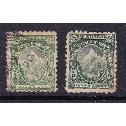 NEW ZEALAND 1900 MOUNT COOK 1/2d PERF 11 GREEN & DEEP GREEN USED SG273b , SG273c