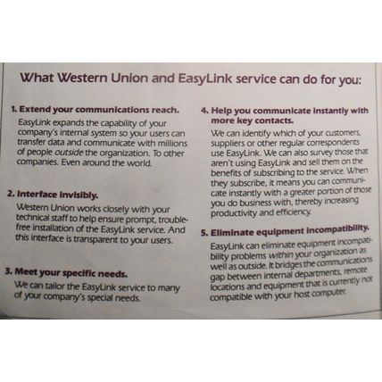 1984 Western Union EasyLink, Electronic Mail, Promo literature; testimonials.