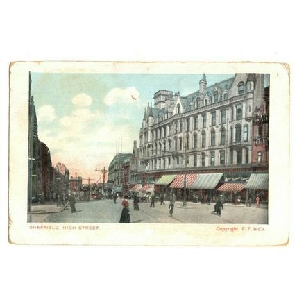 Postcard High Street Sheffield with TARPORLEY 775 Duplex Postmark 1905