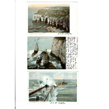 3 Postcards Flamborough Cathedral Rocks; King & Queen Rocks; Bridlington Storm