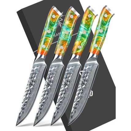 Steak Knives Set of 4, Ultra Sharp Kitchen Steak Knife 5 Inch - Forged Damascus