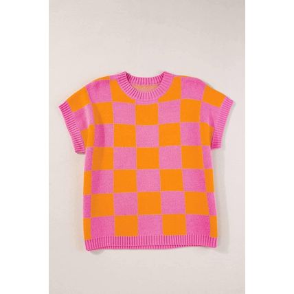 Strawberry Pink Colorblock Plaid Pattern Ribbed Trim Sweater Tank Top
