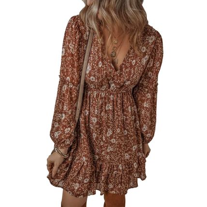 Brown Boho Floral Ruffled Puff Sleeve V Neck Mini Dress
