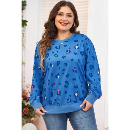 Sky Blue Leopard Ribbed Edge Drop Shoulder Pullover Sweatshirt