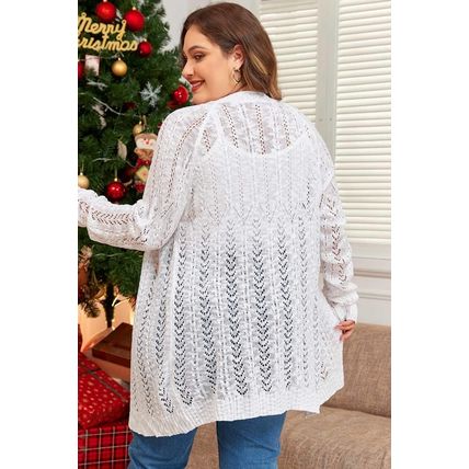 White Plus Size Eyelet Knit Open Front Cardigan