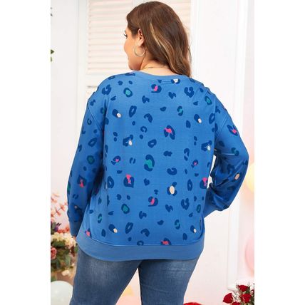 Sky Blue Leopard Ribbed Edge Drop Shoulder Pullover Sweatshirt