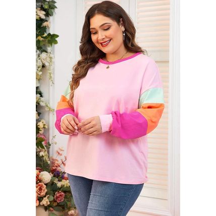 Pink Colorblock Patchwork Long Sleeve Plus Size Top