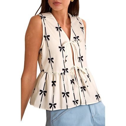 White Bow Printed Tie Closure Ruffled Vest