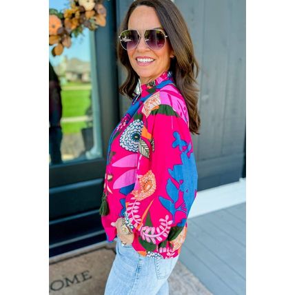 Rose Blooming Flower Print Ruffled Puff Sleeve Blouse