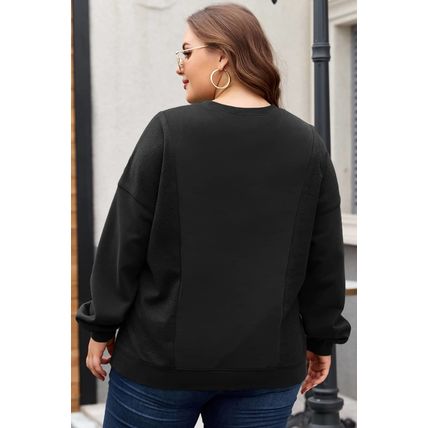 Black Loose Patchwork Crewneck Plus Size Sweatshirt