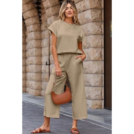 Parchment Solid Color Textured Short Sleeve Top and Casual Pants Set