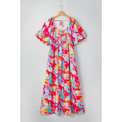 Rose Abstract Printed Puff Sleeve Square Neck Smocked Bust Tied Back Plus Size D