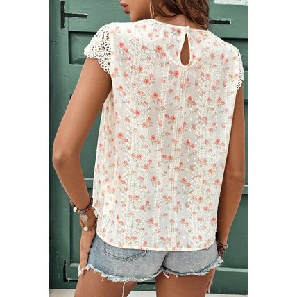 Pink Floral Print Embroidery Detail Crochet Cap Sleeve Blouse